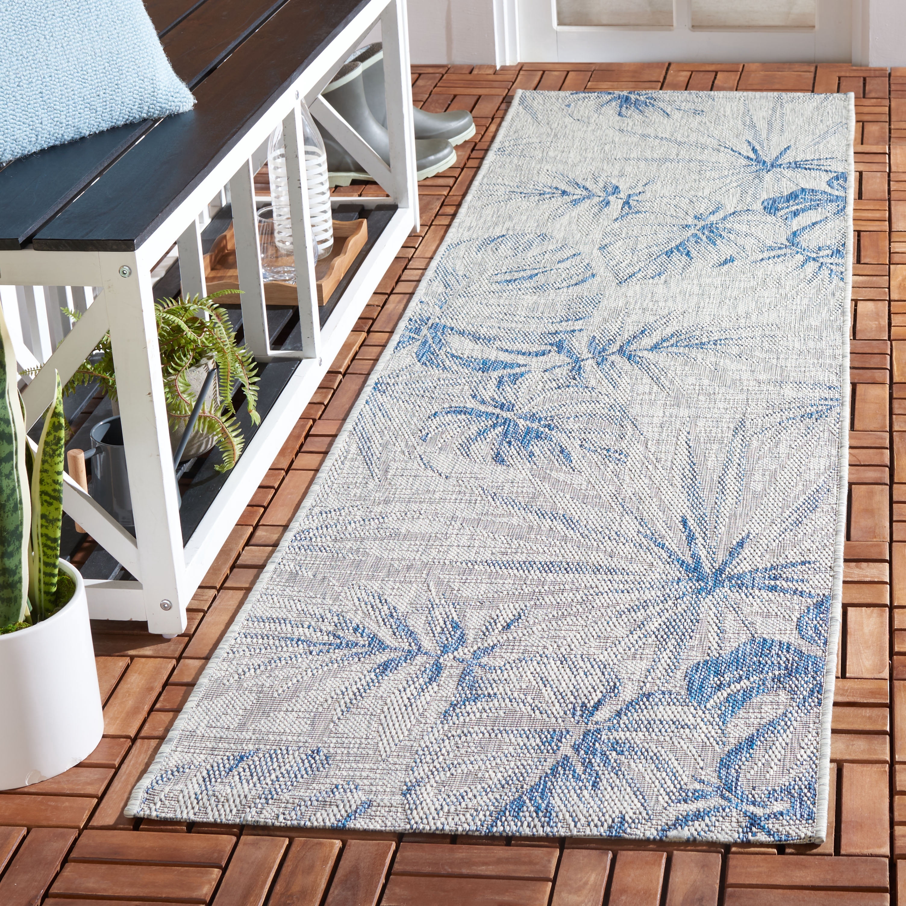 SAFAVIEH Courtyard Keelan Botanical Indoor/Outdoor Runner Rug, Grey/Navy, 2'3" x 8'