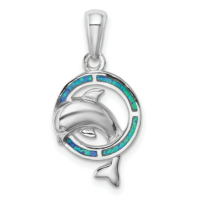 Sterling Silver Blue Inlay Created Opal Dolphins Pendant Sterling Silver Blue Inlay Created Opal Dolphins Pendant