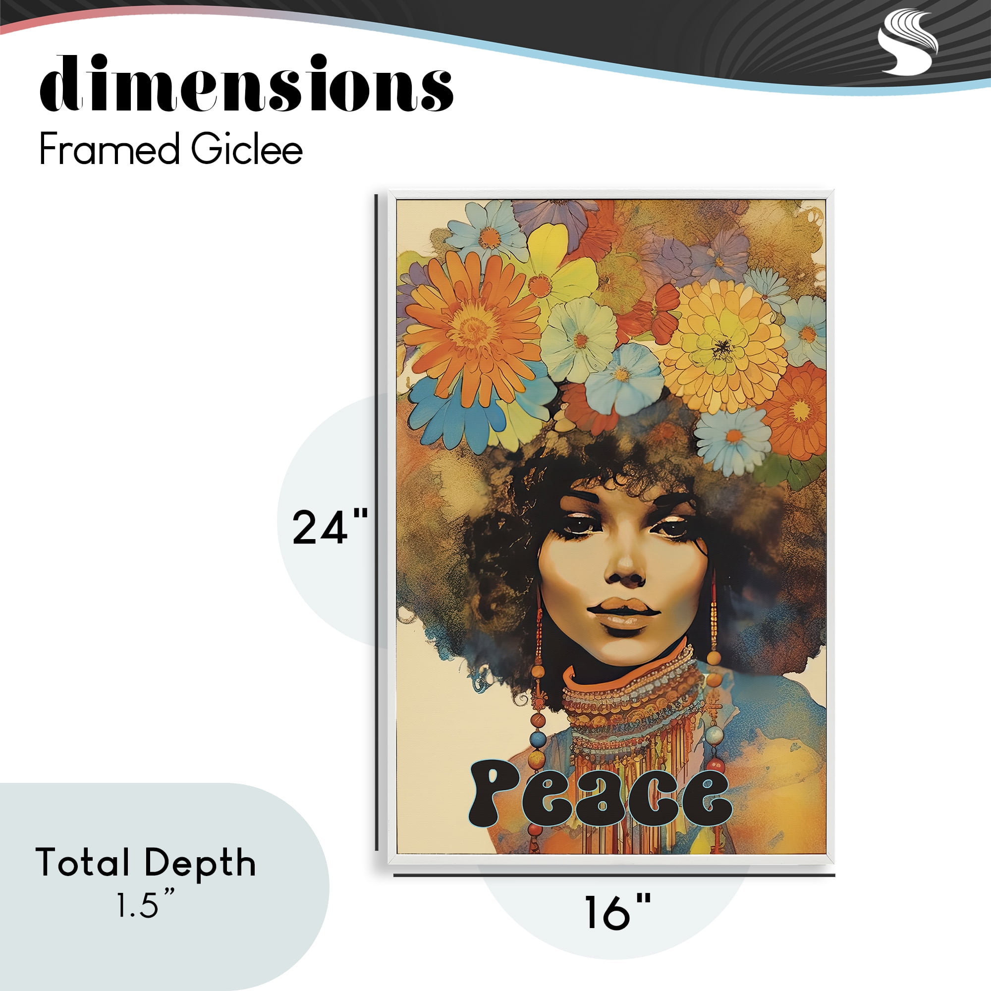 Peace Groovy Afro Girl White Framed Giclee Art, design by Sasha