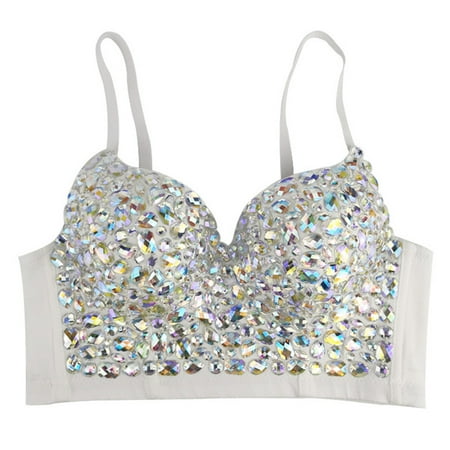 Women Sexy AB Colored Rhinestone Bustier Crop Top Spaghetti Strap Push Up Jewelry Bralette Glitter Club Party Corset Bra Sling Vest