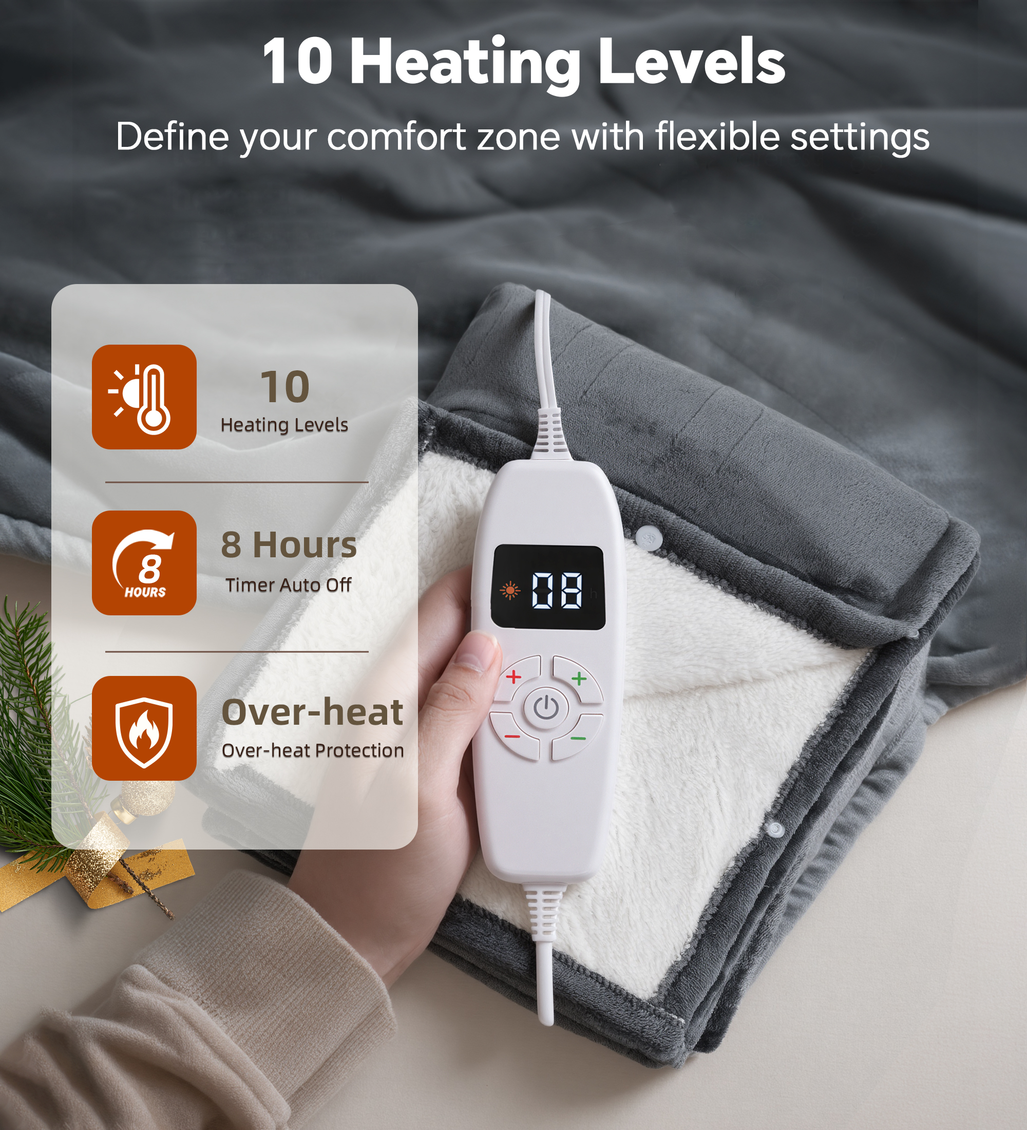 YGXNEWER 50" x 60" Electric Heated Blanket with 10 Heating Levels & 1-8H Auto-off, Machine Washable Flannel & Sherpa, Gray & White