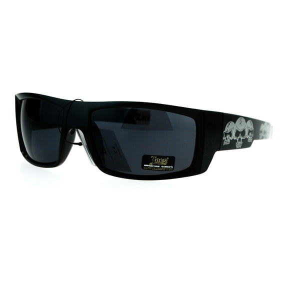 Locs Skull Print Rectangular Gangster Cholo Sport All Black Sunglasses Silver