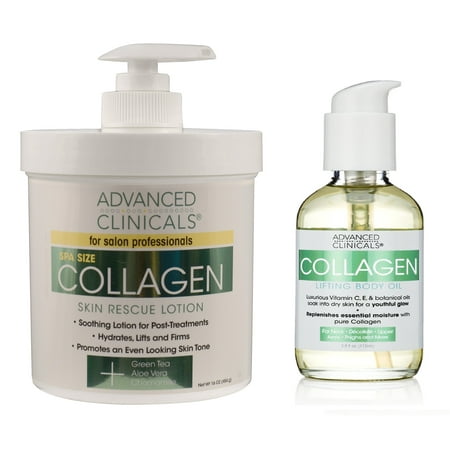 Advanced Clinicals Anti-Aging Collagen Cream and Collagen Body Oil Set. Large 16oz cream for face and body and 4oz body oil helps firm and tighten