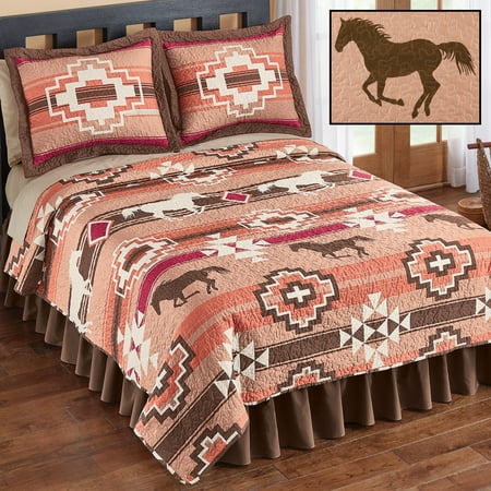 Southwest Terra Cotta - Southwest Native Aztec Terracotta, Brown & Burgundy Horses Twin Quilt & Sham