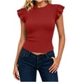 thumbnail image 3 of ClodeEU Women's Crew Neck Ruffle Cap Sleeve T-Shirt,Fitted Ribbed Knit Basic Slim Top Red,Women's Plus XXL, 3 of 7