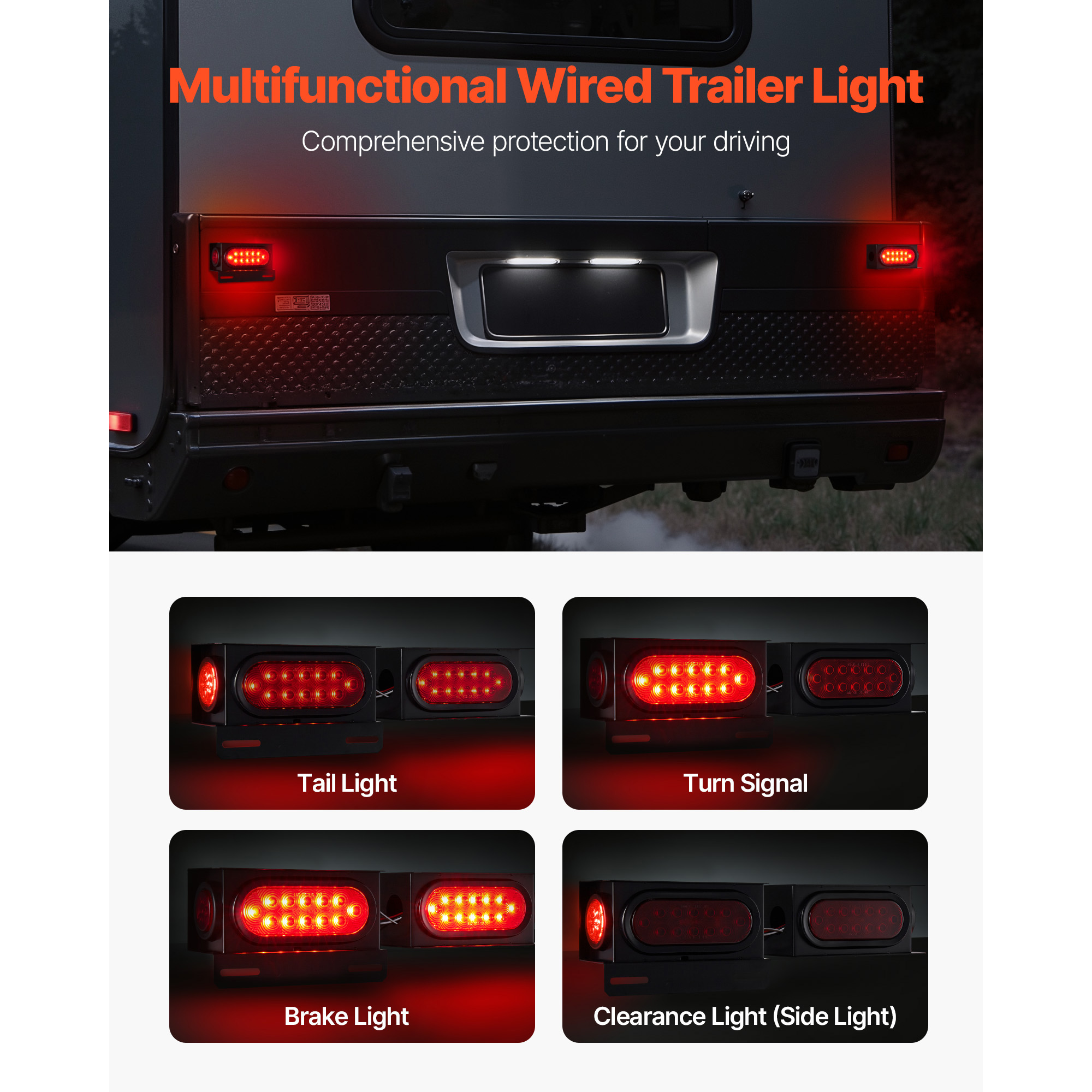 KFFKFF LED Trailer Tail Lights Kit, 10-30V Tow Lighting Set with Stop, Brake, Turn, and Clearance Functions, Waterproof Left and Right Lights for Boat, Truck, Camper, RV, Snowmobile, and Caravan