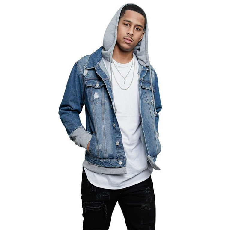 Victorious Men s Hoodie Layered Ripped Denim Jacket with Removable Hood DK140 Indigo Grey 4X Large