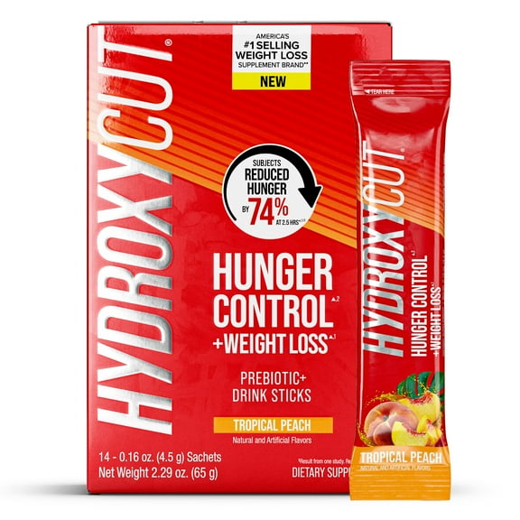 Hydroxycut Hunger Control and Weight Loss Prebiotic Powder Drink Sticks, Tropical Peach, 14 Count