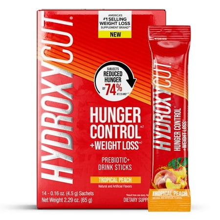 Hydroxycut Hunger Control and Weight Loss Prebiotic Powder Drink Sticks, Tropical Peach, 14 Count