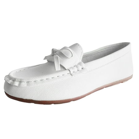 OJSFQUFP Womens Comfort Sneakers Ladies Bow Casual Shallow Mouth Pure Color Soft Leather Flat Heel Round Head Lightweight Large Size Single Shoes Work Flats for Women Office White 40