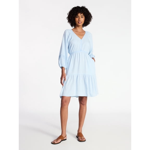 Time and Tru Women's Tiered Mini Dress with ¾ Sleeves, Sizes XS-XXXL