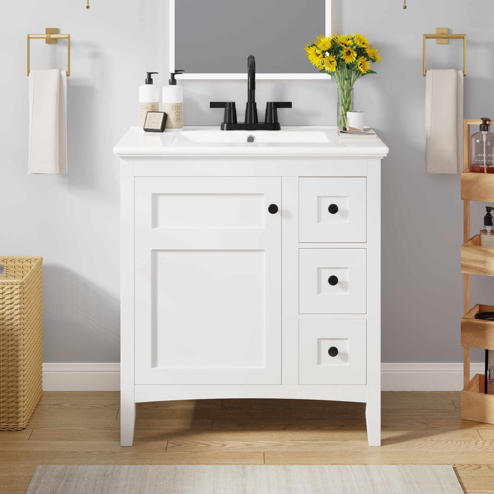 Euroco 30 Inch Bathroom Vanity with Ceramic Sink, White Bathroom with 3 Drawers, Solid Wood Frame Modern Bathroom Storage Cabinet , Ideal for Home