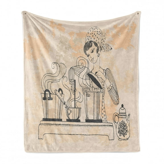 Vintage Woman Soft Flannel Fleece Throw Blanket, Retro Style Housewife Cooking and Tasting Meal at the Kitchen Composition, Cozy Plush for Indoor and Outdoor Use, 60" x 80", Multicolor, by Ambesonne