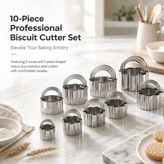 USIONE Biscuit Cutter Set, 10-Piece Stainless Steel Wave Fluted Edge with Handle, Professional Baking Dough Tools, Gift Package