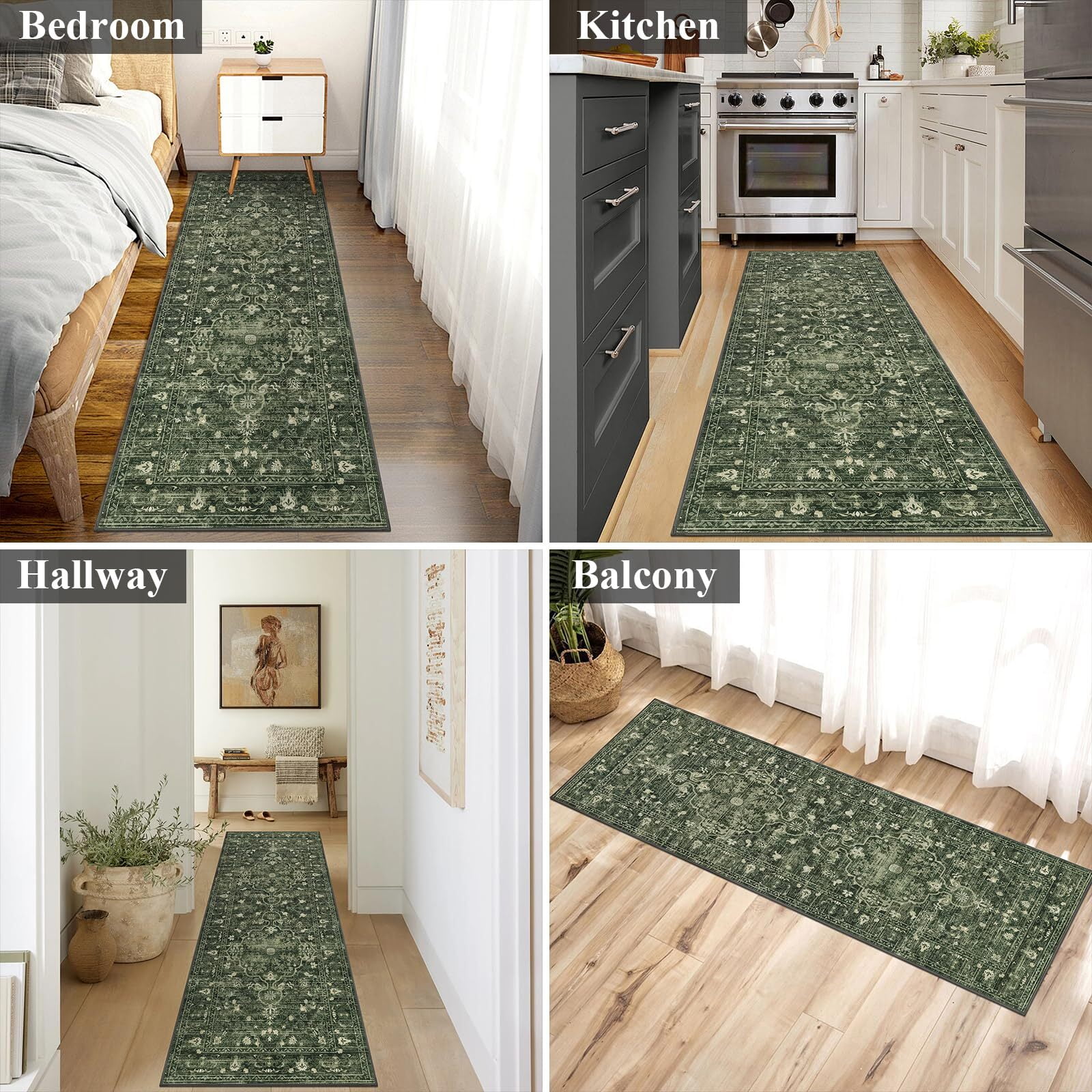 Findosom 2'x6' Vintage Boho Runner Rug Washable Non-slip Area Rug,Hallway Indoor Farmhouse Bedroom Kitchen Living Room Non Shedding Runner, Contemporary Low Plie Floor Carpet Doormat,Green