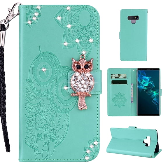 Galaxy Note 9 Wallet Case, Allytech PU Leather Glitter Owl Full Protective Kickstand Folio Flip Hand Strap Girls Women Anti-Slip Shock-Absorption Cases and Covers for Samsung Galaxy Note 9, Green