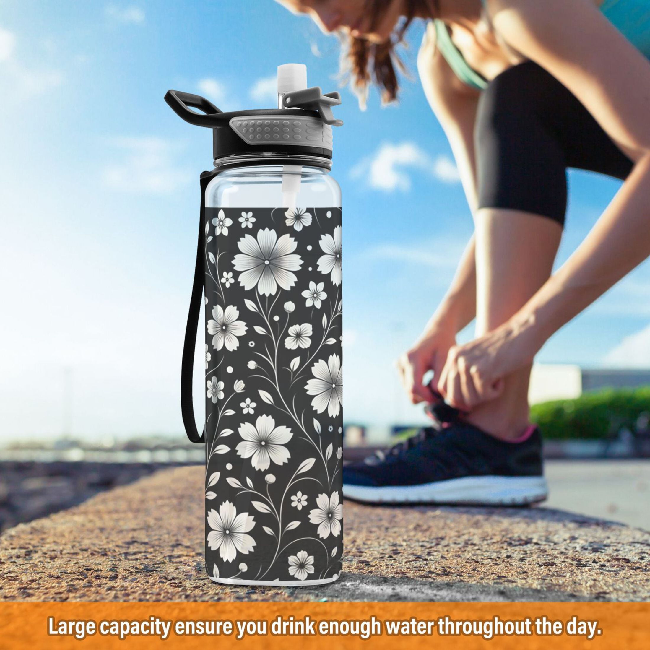Retro White and Black Flowers Sports Water Bottle 32oz with Straw for Kids Travel Mug BPA Free Leak Proof for School