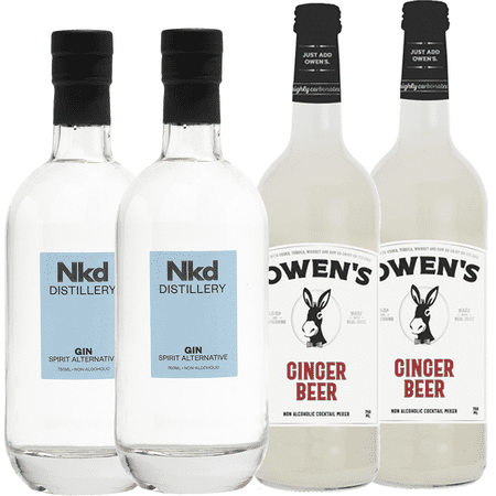 Nkd Distillery Gin 2 Pack Alternative Premium Non-Alcoholic Spirit 750 ML Bottles w 2 Pack Owen’s Mixers Ginger Beer 750 ML Bottles - Perfect for Mocktails - A