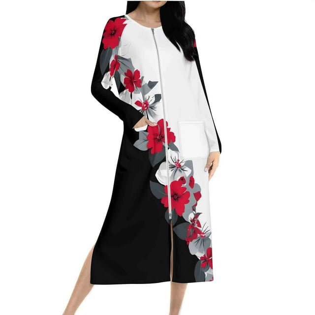 Ovingeta Robe de Nuit Raglan pour Femmes, Tenue d'Intérieur, Robe de Pyjama à Fermeture Éclair Intégrale, Imprimé, Vêtement de Nuit, Blouses Brossées, Vêtements, Robes de Nuit Pleine Longueur, Pyjamas à Manches Longues