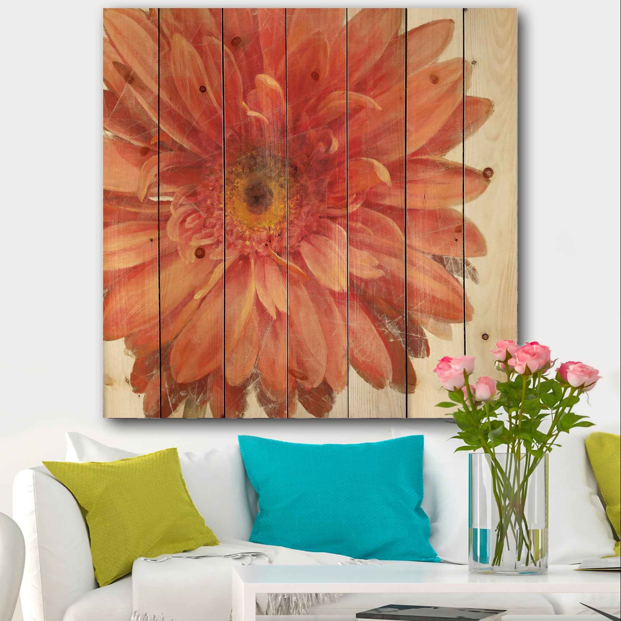 Designart 'Vivid Red Daisy' Floral & Botanical Print on Natural Pine Wood