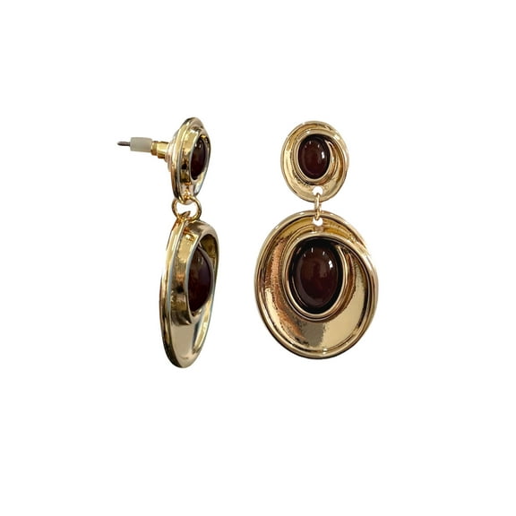 Time and Tru Double Circle Linear Earrings Gold Plated and Brown for Female Adults and Teens