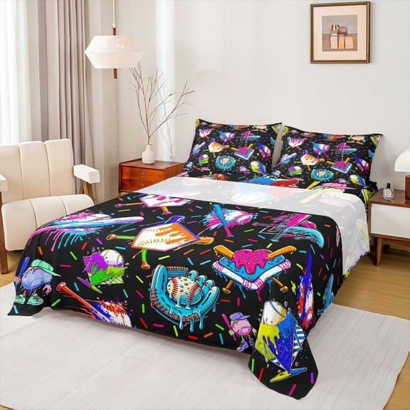 jejeloiu Watercolor Ice Cream Twin Sheet Sets,Baseball Sport Game Twin Fitted Sheet,Colorful Graffiti Drip Flat Sheet For Boys Girls,Breathable Home Decor,3pcs