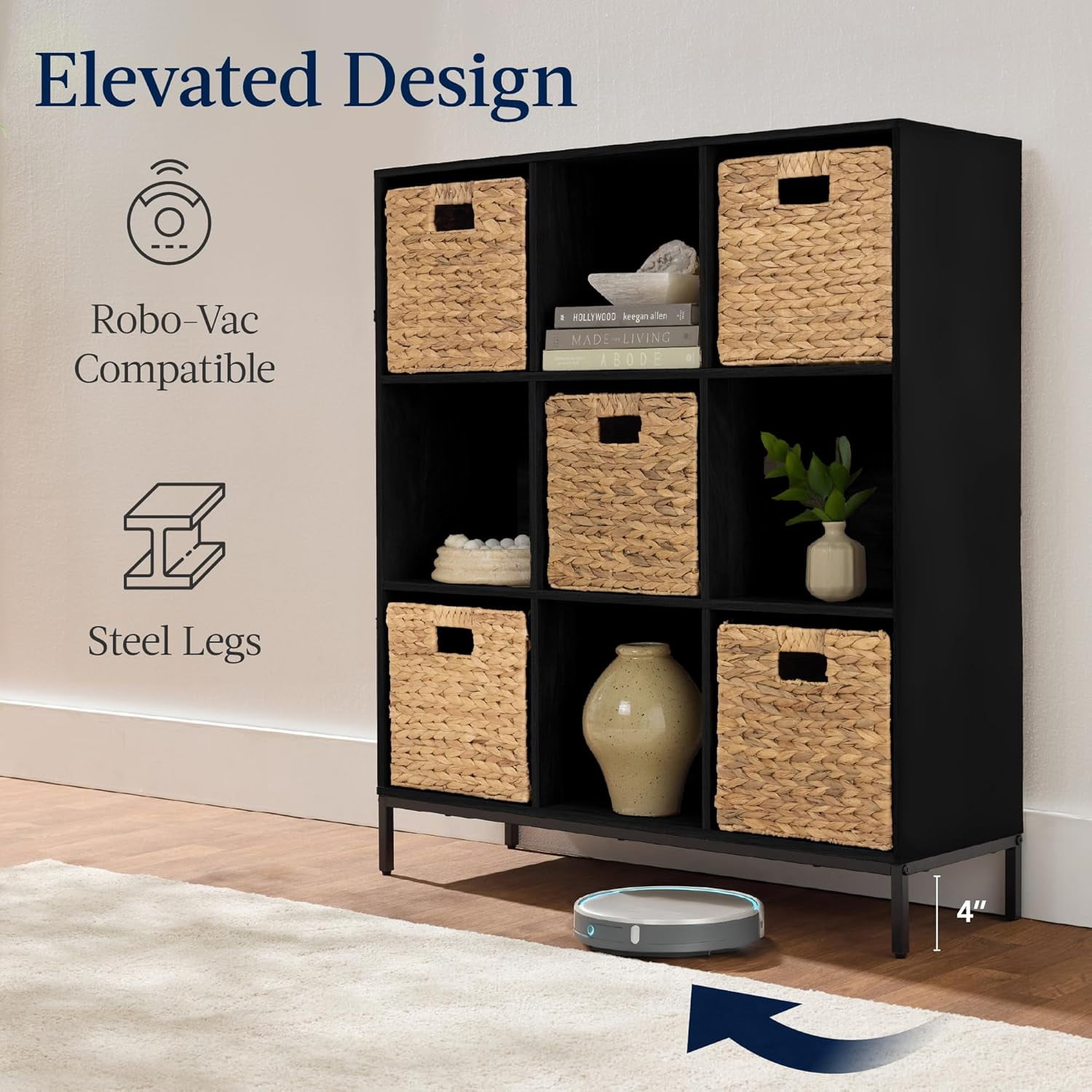 9-Cube Bookshelf, 3-Tier Wood Storage Bookcase W/Legs, 11in Shelf Opening, Cube Organizer, Living Room, Office, Nursery – Black