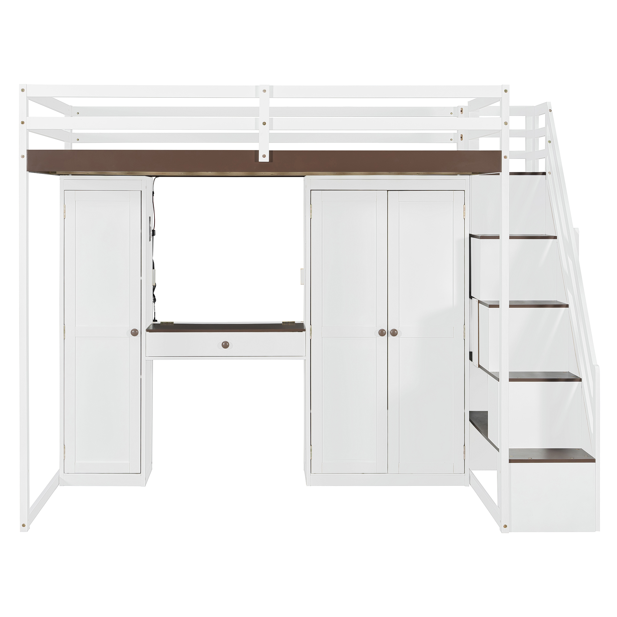 Mintazer Full Size Princess Loft Bed Built-in Dressing Table with Vanity Mirror, Wardrobe, Storage Staircase, Drawer, LED Lights & Charging Station for Girls, White & Brown