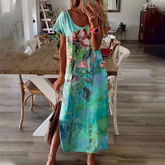 SMihono Robe Maxi Bohème d'Été pour Femmes Grande Taille Mode Femmes Été Décontracté Manches Courtes Col en V Robe Imprimée Florale Robe de Plage