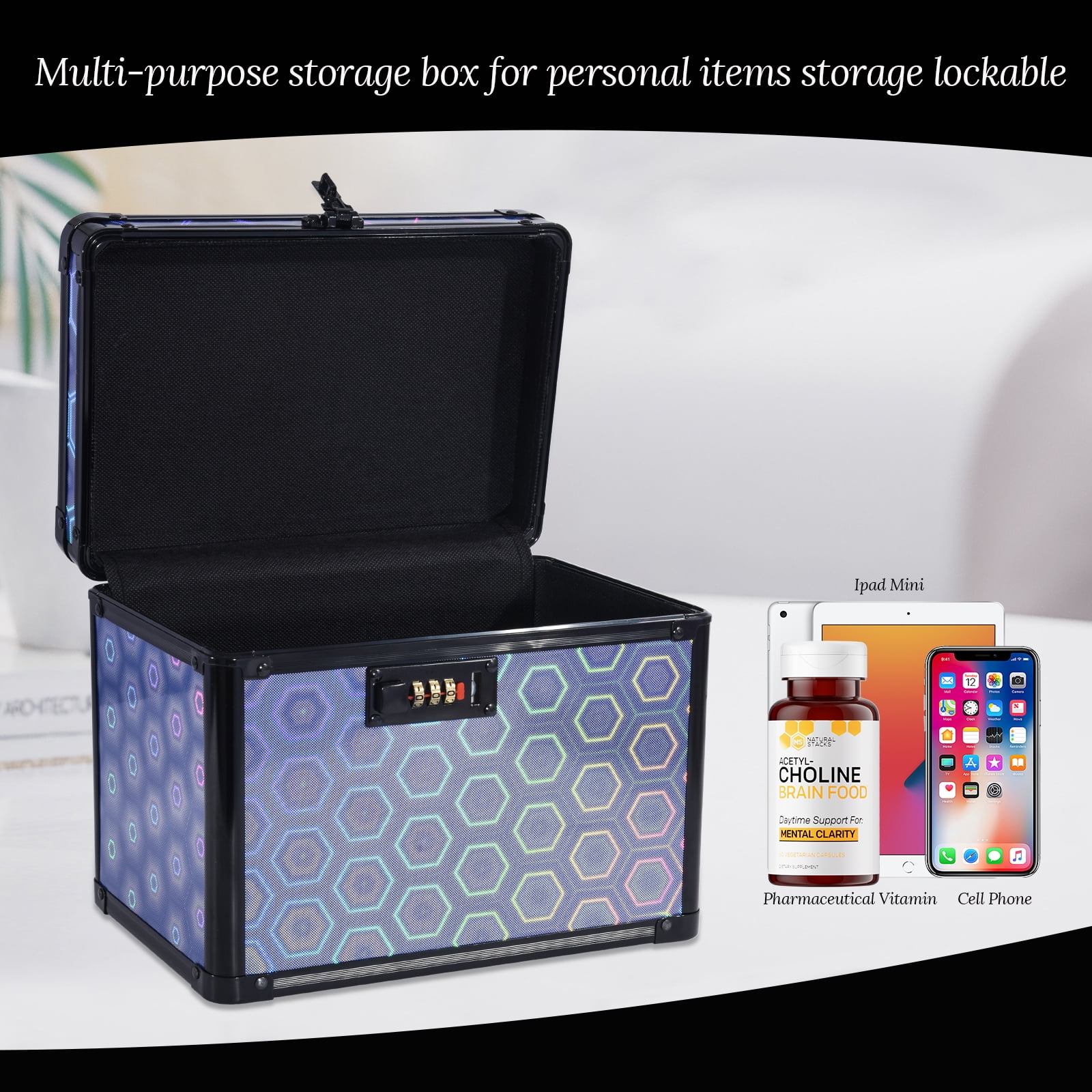 Security Lock Box with Combination Lock, Lockable Storage for Medicine, Jewelry, Cash & Cosmetics-Colorful Blue