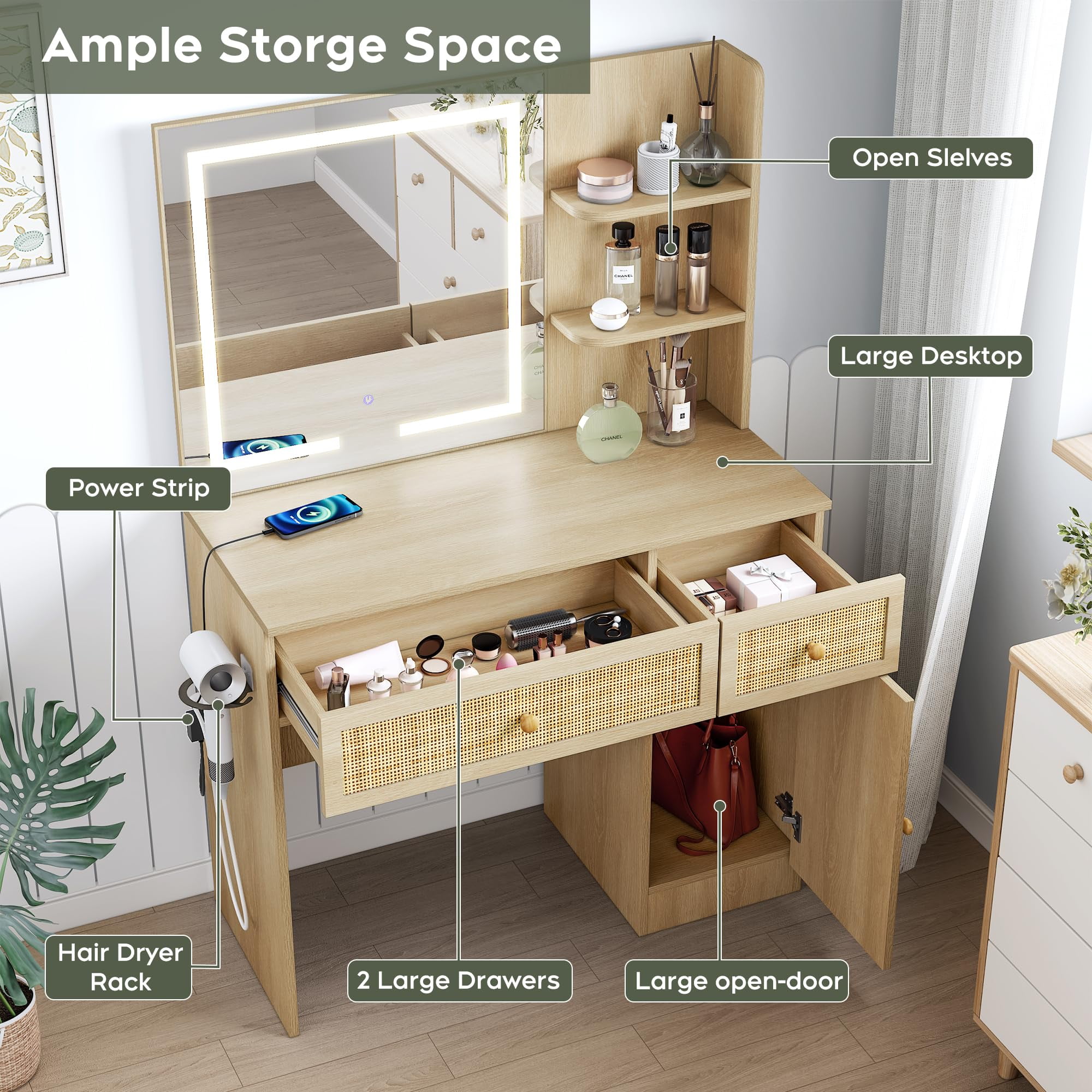 Brafabhome Boho Makeup Vanity Table and Stool with Lighted Mirror and USB Power, Rattan Vanity Table Set with Storage Shelves and Hair Dryer Stand for Makeup Room Bedroom | Beige