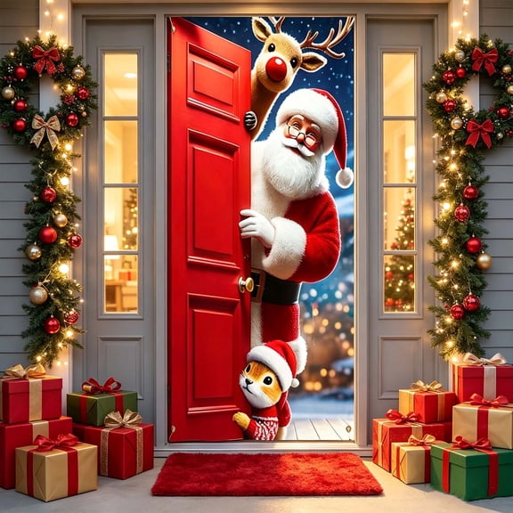Christmas Door Tapestry, Xmas Front Door Hanging Decor, Cloth Christmas Door Cover, Holiday Party Door Curtain for Home Bedroom Wall Indoor Xmas Home Decor