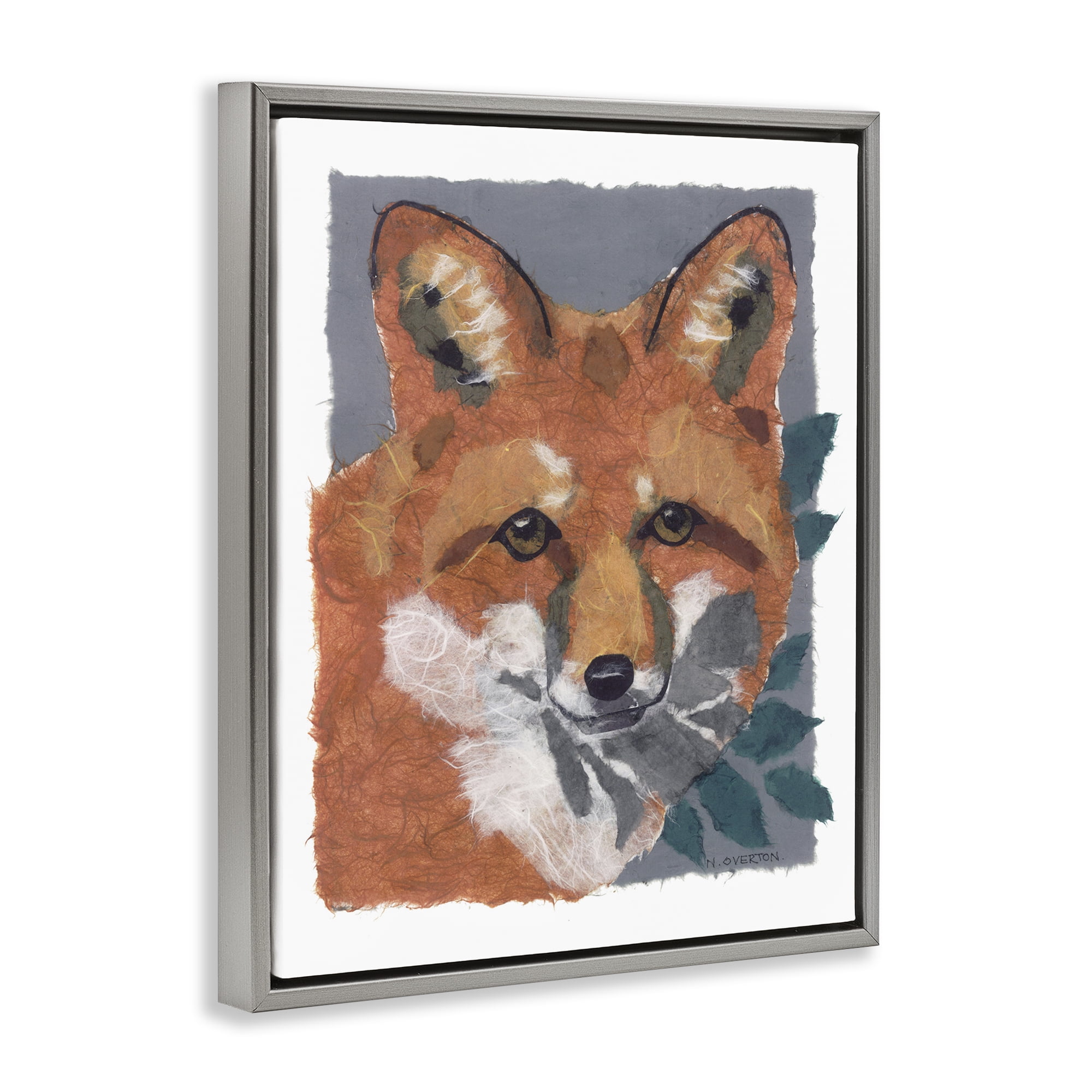 Stupell Industries Fox with Opaque Leaves Animals & Insects Painting Gray Floater Framed Canvas Art Print Wall Art, 17 x 21