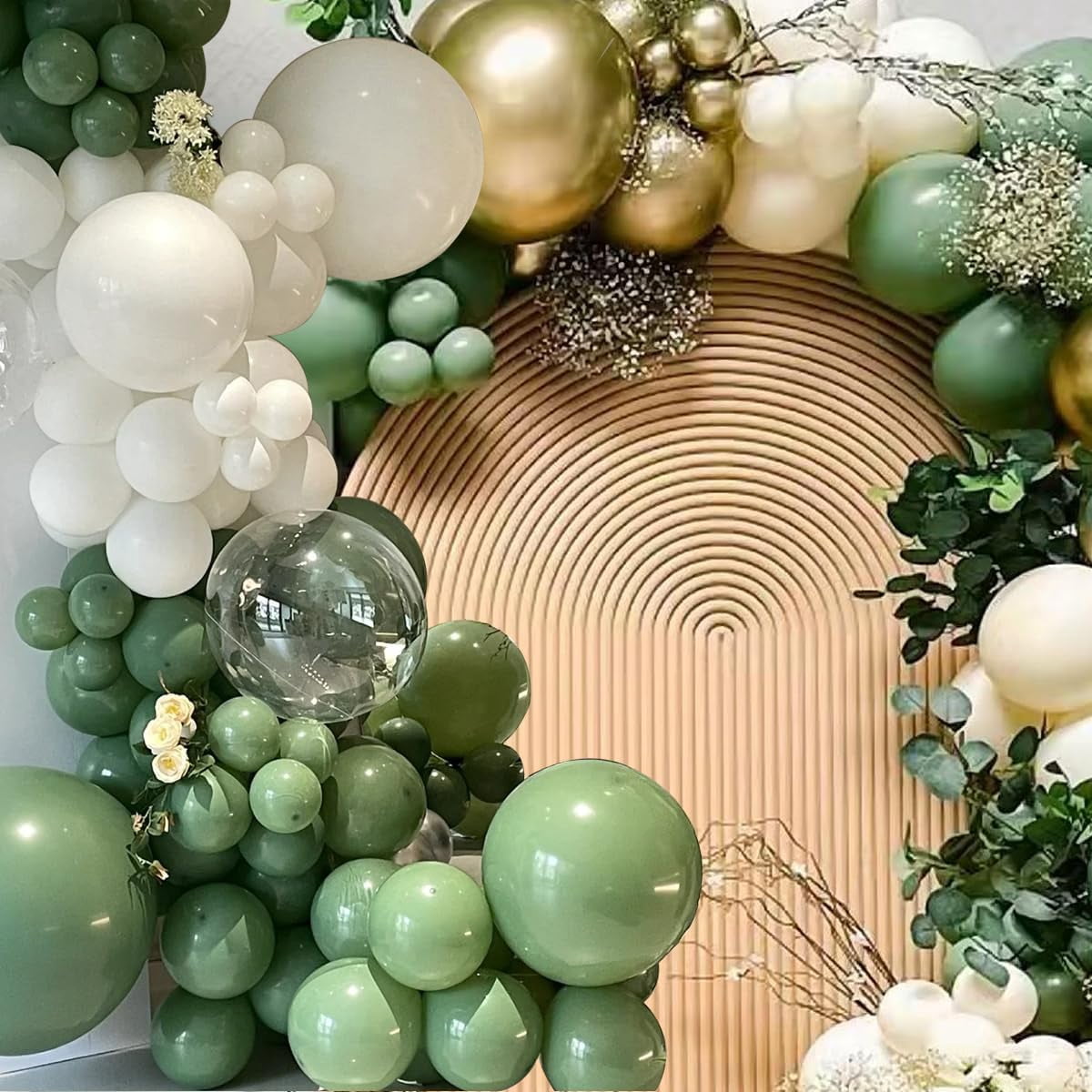 Green White Gold Balloon Arch Kit, 146Pcs Avocado Green Metallic Chrome Gold Confetti and White Latex Balloons for Wedding Birthday Baby Shower Decoration