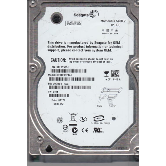 ST9120821AS, 5PL, WU, PN 9W3184-502, FW 3.04, Seagate 120GB SATA 2.5 Hard Drive