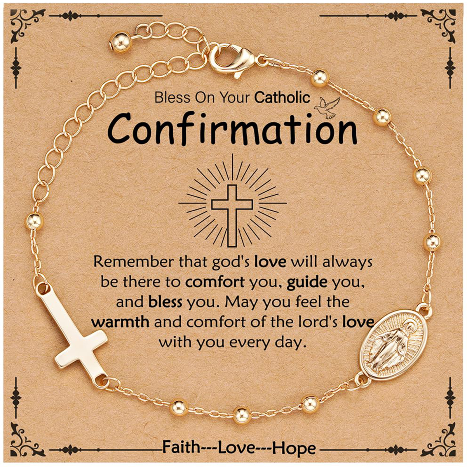 APSVO Catholic Confirmation Gifts for Teen Girls Kids Daughter Granddaughter Gold Rosary Beads Virgin Mary Cross Charm Bracelet Accessories Christian Religious Jewelry Gifts for Teenage Girls Age