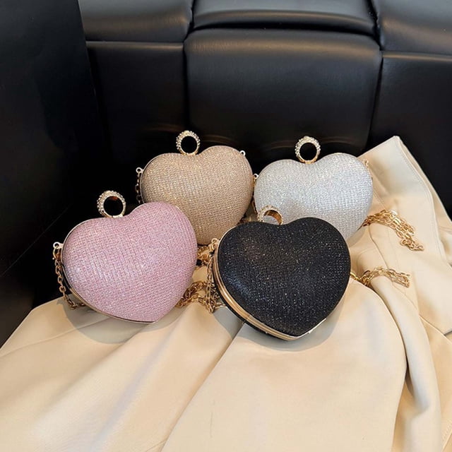 Lekihaqq Heart Shaped Evening Bag Beaded Clutch Purse For Women Fancy Party Chain Handbag Silver Black Gold Pink Pu Wedding Prom Formal Event