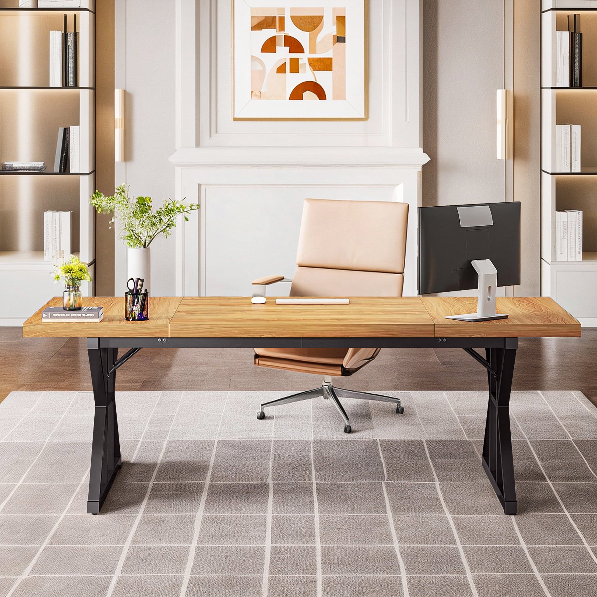 Demi Bonn 71" Farmhouse Dining Table, Wood Rustic Kitchen Table for 6 People, Large Rectangular Dinner Table for Dining Room, Home Office, Living Room Furniture, Beige & Black