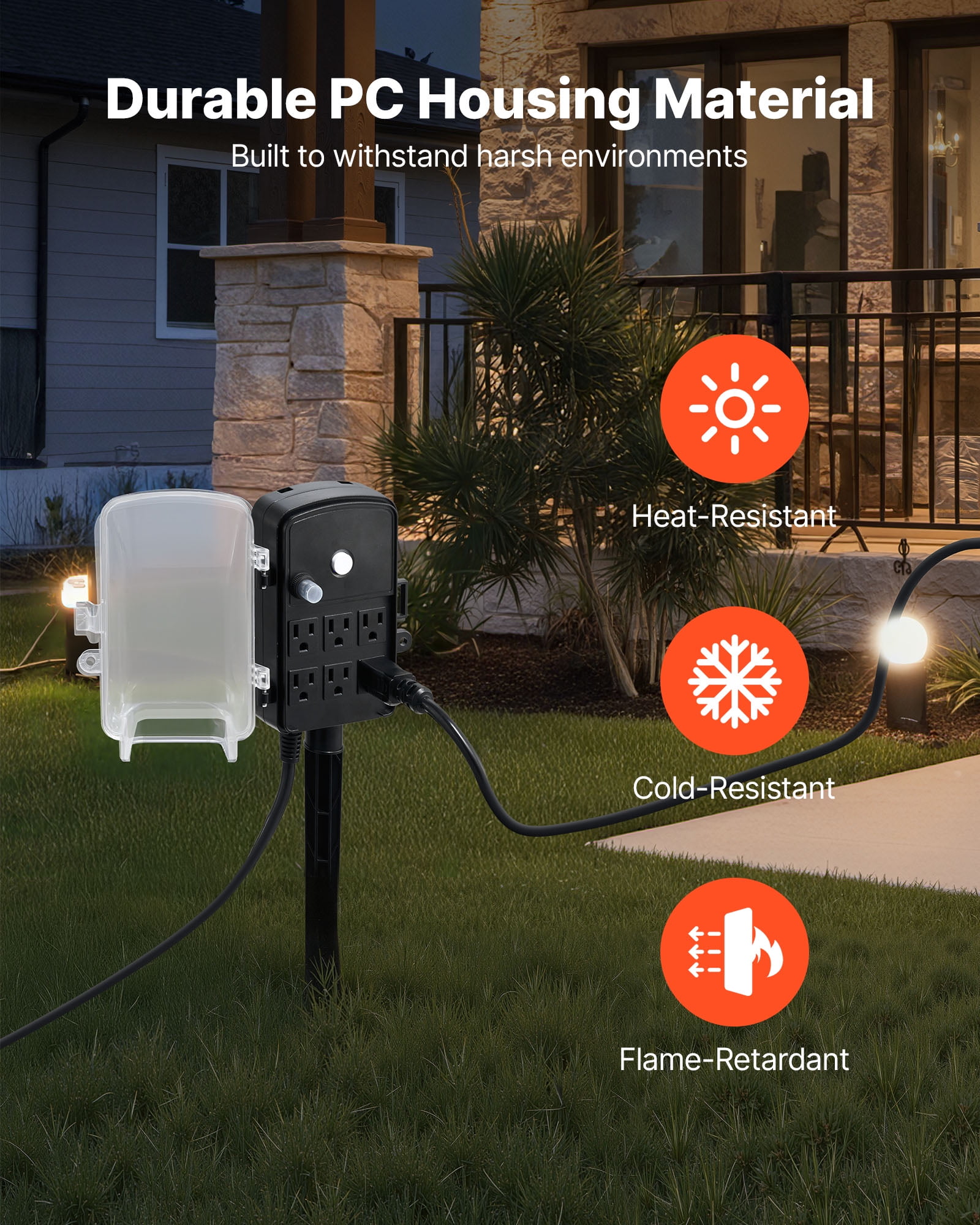 VEVOR Outdoor Power Stake, 50 FT Extension Cord, Outdoor Power Strip Weatherproof with Cover and Overload Protection, 6 Outlets, 15A/1875W, Waterproof Multi-Outlet Yard Stake for Christmas Lights