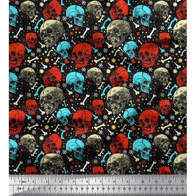 Soimoi Rayon Fabric Bone,Floral & Skull Halloween Print Sewing Fabric Yard 56 Inch Wide