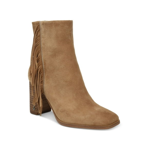 SAM EDELMAN Womens Brown Fringed Goring Ona Square Toe Block Heel Zip-Up Leather Booties 9 M
