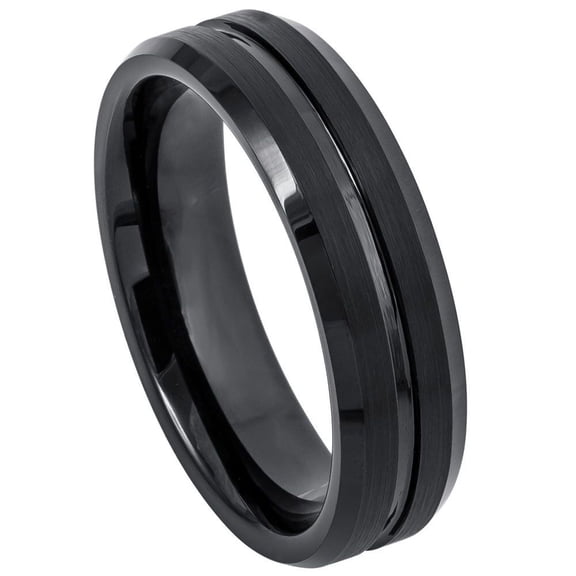 6mm Black IP Plated Shiny Grooved Center Brushed Beveled Edge Wedding Band Ring For Men Or Ladies