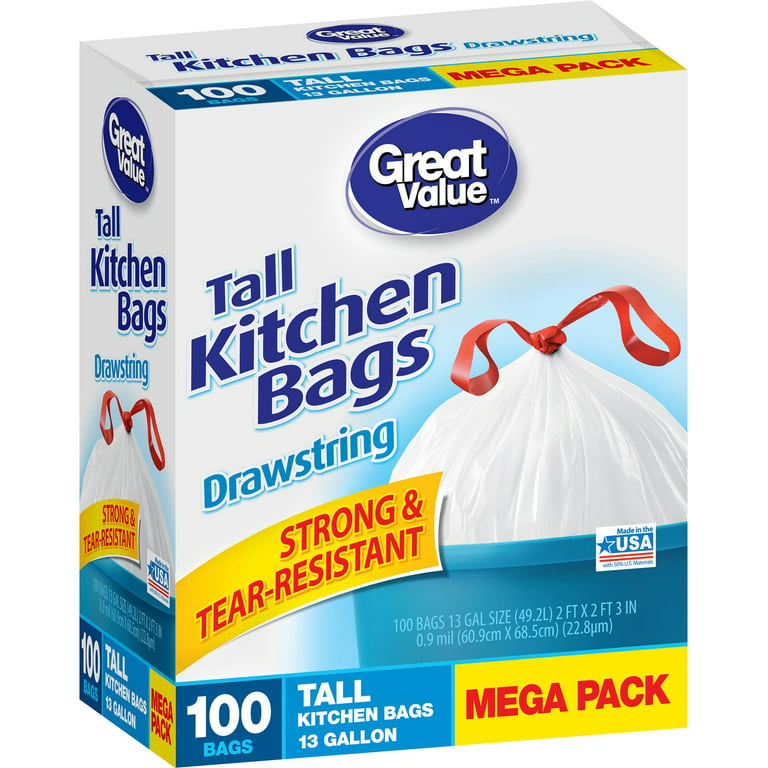 Great Value Tall Drawstring Kitchen Bags, 13 Gallon, White, 100 Ct 
