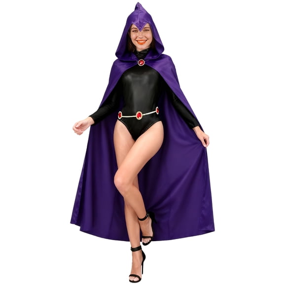 Raven Cosplay Costume Suit for Women, Jumpsuit with Purple Cloak Belt Halloween Uniform