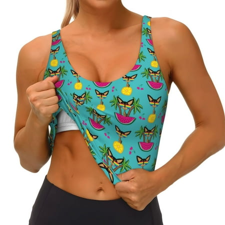 Qokaie Sunmmer Cat Pattern Womens Scoop Neck Sports Bra Breathable Workout Vest Padded U Back Medium Impact Fitness Gym Yoga Bra Workout Crop Top
