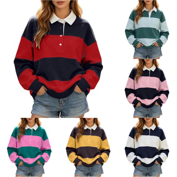 WAYUTE Sweatshirt for Women Collared Sweatshirt Top Long Sleeve Crew Neck Patchwork Color Pullover Fashionable Versatile Streetwear Casual Outdoor,Red,5XL