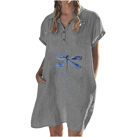 

Airpow Short Sleeve Round-Neck Knee-High Dress Womens Dress Shoes Women s Fashion Casual Cotton And Linen Short Sleeve Lapel Button Solid Color Dress Gray XXL