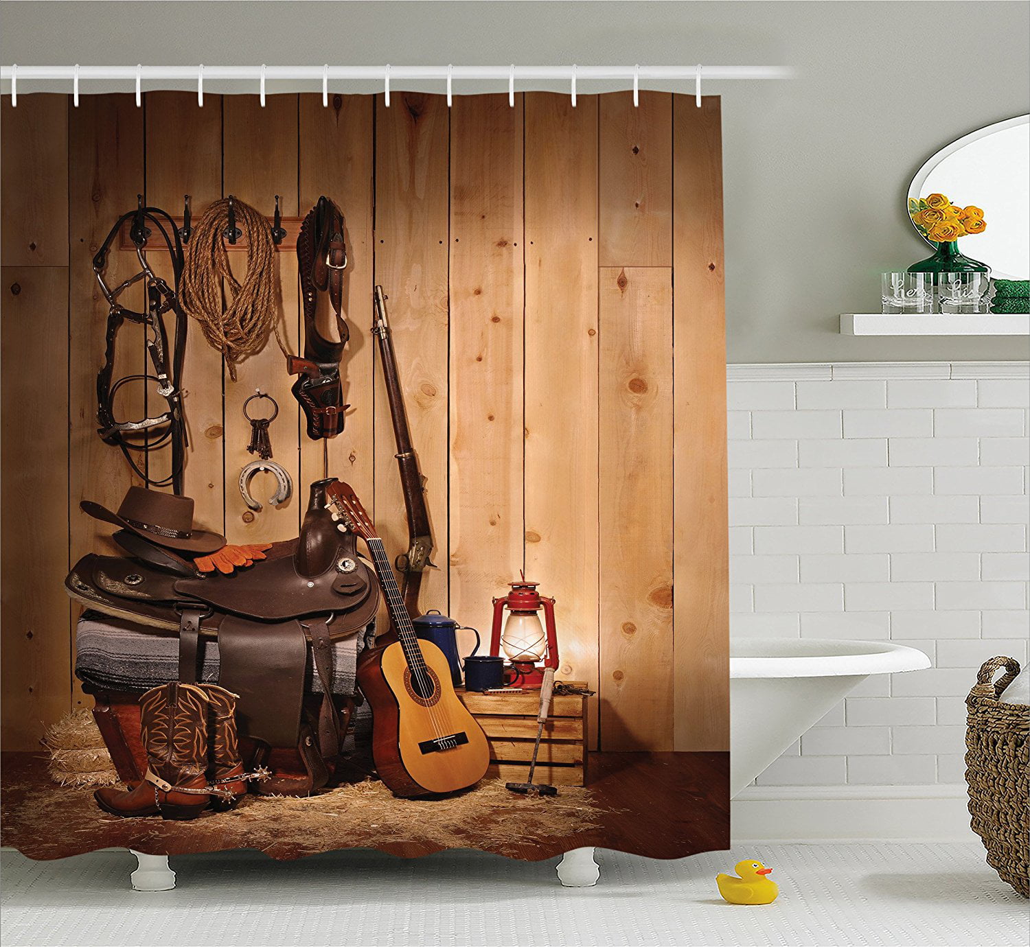 Western Cowboy Boots on the Wooden in Farm Large Shower Curtain Bathroom Fabric 