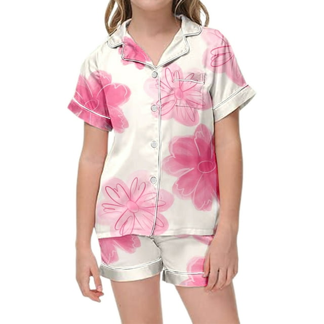 Sunnyoo Grandes Filles Imprimé Fleuri Manches Courtes Chemise à Boutons Shorts Pyjamas, Tailles 2-13