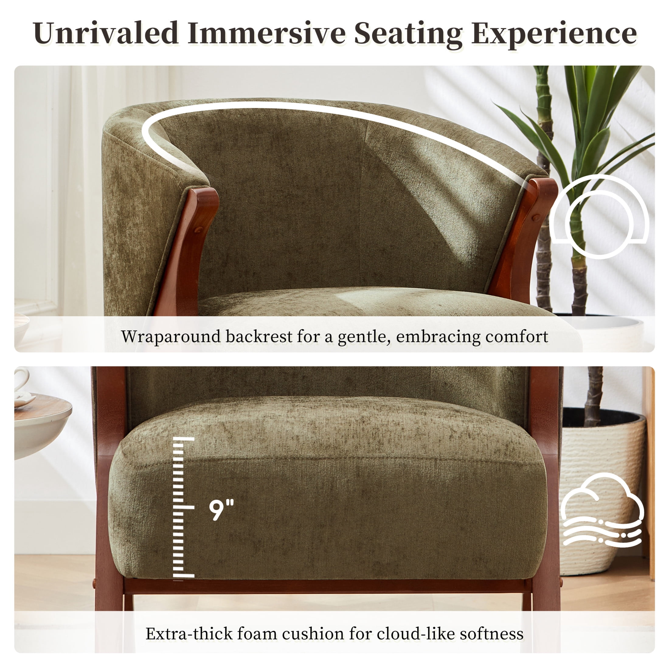 Noble House 27" Modern Accent Chair with Solid Wood Frame and Chenille Upholstered for Living Room, Walnut & Green